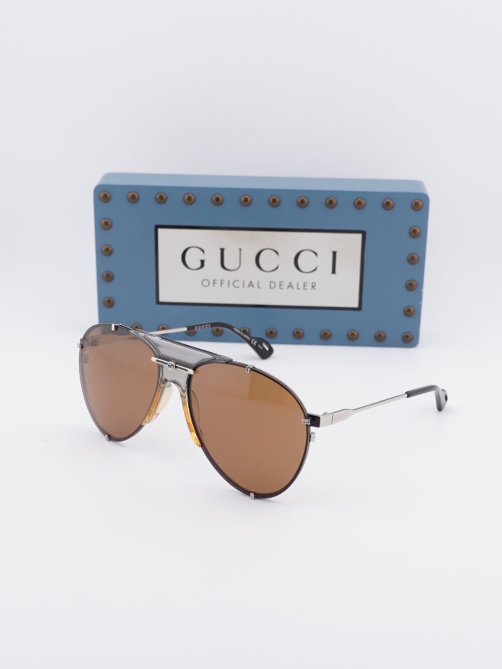 Gucci GG0740S 003 Aviator Sunglasses - Silver / Brown